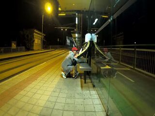 Quick risky sex on public bus stop, squirting orgasm and cum inside Dada Deville